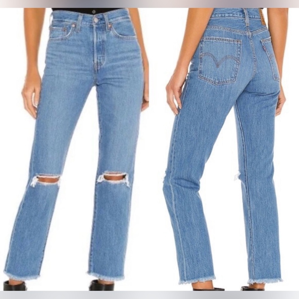 Levi Wedgie Straight Distressed Blue Jeans